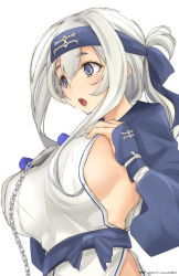 Rule 34 | 1girl, blue eyes, breasts, chain, character name, cropped jacket, dated, dress, folded ponytail, from side, headband, highres, kamoi (kancolle), kantai collection, large breasts, long hair, open mouth, sideboob, sidelocks, silver hair, simple background, sleeveless, sleeveless dress, solo, timato, twitter username, upper body, white background, white dress