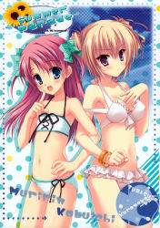 Rule 34 | 2girls, absurdres, bikini, blonde hair, blue eyes, blush, bracelet, flat chest, framed, frilled bikini, frills, front-tie top, hand on own chest, highres, jewelry, kobuichi, locked arms, long hair, midriff, multiple girls, muririn, navel, pointing, pointing up, purple eyes, purple hair, red hair, ribbon, short hair, short twintails, source request, swimsuit, twintails