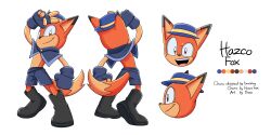 Rule 34 | 1boy, :d, absurdres, animal ears, black footwear, blue capelet, blue headwear, blue shorts, boots, capelet, character name, character sheet, commentary, english commentary, fox, fox ears, fox tail, furry, furry male, hat, hazco fox, highres, multiple views, official art, open mouth, orange eyes, second-party source, shorts, smile, tail, teeth, thasa, tongue, upper teeth only, v, vip virtual players, virtual youtuber