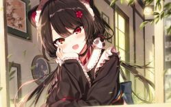 Rule 34 | 1girl, :d, animal ears, apron, back bow, black bow, black hair, black kimono, bow, brown eyes, commentary request, dog ears, dog hair ornament, fangs, flower, frilled apron, frills, hair flower, hair ornament, head rest, head tilt, heterochromia, indoors, inui toko, japanese clothes, kimono, long hair, long sleeves, looking at viewer, low twintails, maid, maid headdress, nijisanji, obi, open mouth, picture frame, red eyes, red flower, sash, shnva, sleeves past wrists, smile, solo, twintails, upper body, very long hair, virtual youtuber, wa maid, white apron, wide sleeves, window