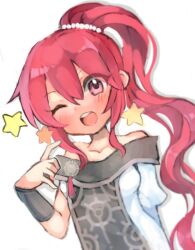 Rule 34 | 1girl, anna (fire emblem), bare shoulders, blush, delaware3850, fire emblem, fire emblem: three houses, hair between eyes, hand up, long hair, nintendo, off shoulder, one eye closed, open mouth, pink eyes, pink hair, ponytail, round teeth, sidelocks, simple background, solo, star (symbol), tassel, teeth, upper teeth only, wavy hair, white background