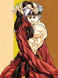 Rule 34 | 1boy, abs, alternate color, mito anji, bridal gauntlets, detached sleeves, glasses, guilty gear, hakama, hakama skirt, headband, japanese clothes, kawo-ri, male focus, muscular, one eye closed, pince-nez, red eyes, red hakama, silver hair, skirt, solo, sunglasses, topless male, wink