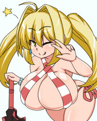 Rule 34 | 10s, 1girl, ahoge, bikini, blonde hair, breasts, curvy, earrings, fate/extra, fate/grand order, fate (series), female focus, green eyes, huge breasts, jewelry, leaning forward, licking lips, long hair, long twintails, looking at viewer, moyashi udon, nero claudius (fate), nero claudius (fate) (all), nero claudius (fate/extra), nero claudius (swimsuit caster) (fate), one eye closed, red bikini, simple background, solo, standing, striped bikini, striped clothes, swimsuit, sword, tongue, tongue out, twintails, v, weapon, wink