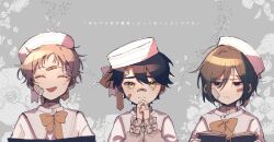 Rule 34 | 1girl, 2boys, ^ ^, aged down, bandaid, bandaid on face, bandaid on forehead, bandaid on nose, black hair, book, bow, closed eyes, closed mouth, commentary, facing viewer, floral background, frilled sleeves, frills, gauze, gauze on cheek, gauze on face, green hair, grey background, hair between eyes, hat, highres, holding, holding book, interlocked fingers, jitome, kagerou project, kano shuuya, kido tsubomi, leaf, leaf background, light brown hair, long sleeves, looking at viewer, mokemoke chan, multiple boys, muted color, open book, open mouth, orange bow, orange ribbon, purple ribbon, ribbon, sailor hat, seto kousuke, shirt, short hair, translation request, tsurime, upper body, white hat, white shirt