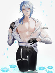 Rule 34 | 1boy, abs, absurdres, belt, black gloves, black pants, blue eyes, blue hair, forehead, genshin impact, gloves, highres, kamisato ayato, long sleeves, male focus, mole, mole under mouth, muscular, muscular male, nipples, open clothes, open shirt, pants, shei99, shirt, short hair, smile, solo, wet, white shirt