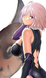 Rule 34 | 1girl, arm at side, ass, back, bare shoulders, black bodysuit, black gloves, blurry, bodysuit, bokeh, breasts, closed mouth, commentary request, cowboy shot, depth of field, elbow gloves, fate/grand order, fate (series), from side, gloves, gorget, hair between eyes, halterneck, hand in own hair, hand up, large breasts, leotard, looking at viewer, looking back, mash kyrielight, md5 mismatch, multicolored clothes, multicolored gloves, parted bangs, pekoneko, pink hair, purple gloves, resolution mismatch, shield, short hair, simple background, smile, solo, source larger, standing, white background