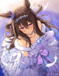 1girl admire_vega_(glacialis_vega)_(umamusume) admire_vega_(umamusume) animal_ears brown_hair choker commentary_request dress ear_ornament feathers flower_hairband hairband highres horse_ears horse_girl light_blush long_hair looking_at_viewer looking_up off-shoulder_dress off_shoulder official_alternate_costume purple_eyes smile solo starheart umamusume white_dress white_feathers