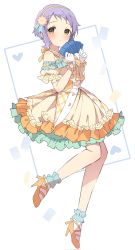 Rule 34 | 1girl, blush, bow, card, collar, commentary request, detached sleeves, dot nose, dress, expressionless, flower, frilled dress, frilled skirt, frills, gloves, hair flower, hair ornament, hairband, hands up, heart, highres, holding, holding card, idolmaster, idolmaster million live!, idolmaster million live! theater days, looking at viewer, makabe mizuki, mochigome (ununquadium), multicolored clothes, multicolored skirt, orange dress, orange footwear, pink bow, puffy short sleeves, puffy sleeves, purple hair, shoes, short hair, short sleeves, sidelocks, simple background, skirt, solo, wavy hair, white background, white collar, white gloves, yellow eyes