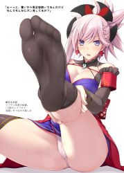 Rule 34 | 1girl, adjusting clothes, adjusting legwear, bare shoulders, black thighhighs, blue eyes, blush, breasts, cameltoe, cleavage, cleft of venus, closed mouth, commentary request, detached sleeves, earrings, fate/grand order, fate (series), feet, foot focus, foreshortening, hair ornament, japanese clothes, jewelry, kimono, large breasts, looking at viewer, magatama, miyamoto musashi (fate), miyamoto musashi (second ascension) (fate), no shoes, obi, panties, parted lips, ponytail, ruton-niki, sash, silver hair, smile, soles, solo, thighhighs, toes, translation request, underwear, white panties