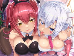 Rule 34 | 2girls, all fours, animal ear fluff, animal ears, between breasts, black bow, black bowtie, blue eyes, bow, bowtie, breast press, breasts, cat ears, cleavage, doskoinpo, facial tattoo, fake animal ears, leotard, looking at viewer, multiple girls, necktie, necktie between breasts, original, pink hair, pink tie, playboy bunny, rabbit ears, red hair, ribbon, symmetrical docking, tail, tattoo, tongue, tongue out, white hair, yellow eyes