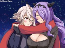 Rule 34 | 1boy, 1girl, blush, breasts, camilla (fire emblem), cleavage, cleavage cutout, closed eyes, clothing cutout, corrin (fire emblem), corrin (male) (fire emblem), fire emblem, fireworks, hair over one eye, large breasts, long hair, night, night sky, nintendo, one eye closed, patdarux, purple hair, scarf, shared clothes, shared scarf, sky, smile, sweater, swept bangs