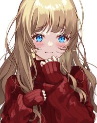 Rule 34 | 1girl, :3, blue eyes, blush, brown hair, closed mouth, commentary request, fujishiro kokoa, highres, long hair, long sleeves, looking at viewer, original, red sweater, simple background, sleeves past wrists, smile, solo, sweater, upper body, white background