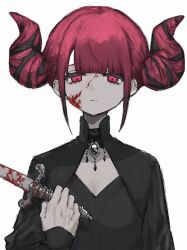Rule 34 | 1girl, black dress, black jacket, black ribbon, blood, blood on face, bloody weapon, breasts, brooch, cleavage, commentary, double bun, dress, ear piercing, hair bun, hair ribbon, hand up, holding, holding knife, holding weapon, horn-shaped hair, jacket, jewelry, knife, long sleeves, looking at viewer, necklace, original, piercing, pink hair, red eyes, red hair, ribbon, sidelocks, simple background, sleeves past wrists, small breasts, solo, symbol-only commentary, taezuodoru 0, tareme, twintails, upper body, weapon, white background