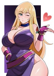 1girl absurdres aqua_eyes bare_shoulders belt blonde_hair blue_choker breasts choker cleavage dress fatal_fury fatal_fury:_city_of_the_wolves fingerless_gloves flower_tattoo garou:_mark_of_the_wolves gloves heart highres ihsnet jenet_behrn large_breasts long_hair loose_belt pink_gloves purple_dress side_slit solo tattoo