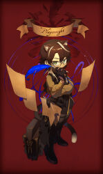 Rule 34 | 1boy, animal ears, arknights, boots, brown footwear, brown gloves, brown hair, brown vest, cat boy, cat ears, cat tail, character name, feathers, gloves, green eyes, highres, holding, holding feather, holding paper, long sleeves, looking at viewer, male focus, multicolored hair, paper, playwright (arknights), plume, pq, red background, ringed eyes, shirt, solo, streaked hair, tail, tassel, vest, white hair, yellow shirt