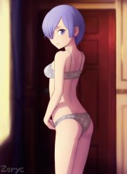 Rule 34 | 10s, 1girl, artist name, ass, blurry, blurry background, bra, breasts, closed mouth, commentary, cowboy shot, depth of field, from behind, frown, hair over one eye, highres, indoors, looking at viewer, looking back, panties, purple eyes, purple hair, re:zero kara hajimeru isekai seikatsu, rem (re:zero), short hair, small breasts, solo, standing, underwear, underwear only, white bra, white panties, zoryc