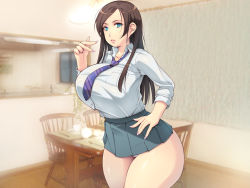 Rule 34 | 1girl, blue eyes, blurry, blurry background, breasts, brown hair, chair, feet out of frame, female focus, hand up, huge breasts, indoors, legs, long hair, looking at viewer, necktie, original, parted lips, school uniform, shirt, skirt, sleeves rolled up, solo, standing, table, thighs, white shirt, yoko juusuke