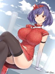 Rule 34 | 1girl, adapted costume, arm strap, arm support, artist name, ass, bare arms, black thighhighs, blue hair, blue sky, breasts, cloud, commentary request, crossed legs, dated, day, dress, dutch angle, feet out of frame, hair ornament, huge breasts, leaf hair ornament, looking at viewer, mitama mudimudi, outdoors, pillar, red dress, red eyes, rope, short hair, side slit, signature, sitting, sky, smile, solo, thighhighs, thighs, touhou, wristband, yasaka kanako