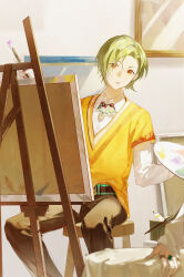 Rule 34 | 1boy, 1other, a3!, absurdres, androgynous, arm up, belt, blurry, brown pants, canvas (object), chinese commentary, collared shirt, depth of field, easel, green hair, head tilt, highres, holding, holding paintbrush, holding palette, indoors, jewelry, lirisy, long sleeves, looking at viewer, male focus, paint tube, paintbrush, painting (medium), palette (object), pants, parted lips, ring, rurikawa yuki, shirt, short hair, short sleeves, sitting, stool, sweater, traditional media, v-neck, white shirt, white sleeves, yellow eyes, yellow sweater