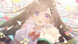 Rule 34 | 1girl, bass clef, beamed eighth notes, bow, bowtie, brown hair, commentary request, crying, crying with eyes open, fortissimo, hair ornament, hatsune miku, highres, holding hands, long hair, musical note, musical note hair ornament, necojishi, open mouth, original, purple eyes, quarter note, red bow, red bowtie, sheet music, shirt, short sleeves, sidelocks, surprised, tears, teeth, treble clef, triangle, upper teeth only, very long hair, vocaloid, white shirt