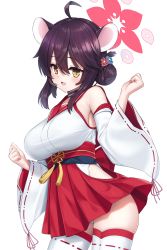 Rule 34 | 1girl, ahoge, animal ears, azure-maya, black hair, blue archive, breasts, commentary request, detached sleeves, hair between eyes, hair bun, hair ornament, hakama, halo, highres, japanese clothes, kaede (blue archive), kimono, large breasts, looking at viewer, open mouth, red hakama, simple background, smile, solo, thighhighs, white background, white kimono, white thighhighs, wide sleeves, yellow eyes