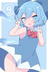 Rule 34 | 1girl, blue background, blue bow, blue dress, blue eyes, blue hair, border, bow, bowtie, burumanoeat, circled 9, cirno, collared shirt, cowboy shot, double v, dress, fang, hair bow, highres, ice, ice wings, looking at viewer, pinafore dress, red bow, red bowtie, shirt, short hair, simple background, skin fang, sleeveless, sleeveless dress, sleeveless shirt, solo, standing, touhou, v, white border, white shirt, wings