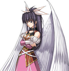 Rule 34 | 1girl, angel wings, black hair, bow, choker, crossed arms, dress, expressionless, grey eyes, growlanser, growlanser i, hair bow, long hair, lowres, melphie, official art, pink dress, ponytail, solo, upper body, urushihara satoshi, white background, white bow, white wings, wings