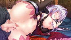 Rule 34 | 1girl, asahina hikage, baffu, bed, blood, blush, breast press, breasts, breasts out, censored, clenched teeth, closed eyes, clothed sex, defloration, evelyn devolgard, game cg, groin, highres, indoors, large breasts, leg up, legs, light purple hair, lying, maokatsu! maou to yuusha no idol seikatsu, mosaic censoring, navel, nipples, no panties, on bed, on side, original, penis, pillow, pussy, pussy juice, sex, sweat, teeth, thighhighs, thighs, vaginal, wet