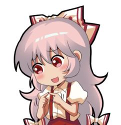 Rule 34 | 1girl, :d, blush, bow, chibi, collared shirt, facing viewer, fujiwara no mokou, hair between eyes, hair bow, index fingers together, jokanhiyou, long hair, looking to the side, lowres, no nose, open mouth, outline, pants, pink hair, puffy short sleeves, puffy sleeves, red eyes, red pants, shirt, short sleeves, silver hair, simple background, smile, solo, suspenders, touhou, upper body, very long hair, white background, white bow, white shirt