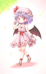 Rule 34 | 1girl, ankle strap, arinu, arm up, bat wings, brooch, collarbone, commentary request, dress, earrings, full body, hat, high heels, highres, jewelry, light purple hair, looking at viewer, mob cap, partial commentary, pink dress, red eyes, remilia scarlet, sandals, sash, solo, spaghetti strap, standing, strappy heels, touhou, wings, wrist cuffs