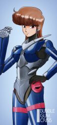 1990s_(style) 1girl armor brown_hair bubblegum_crisis copyright_name cowboy_shot cyberpunk gloves hand_on_own_hip hardsuit highres liqueur_(retroot1) long_hair looking_at_viewer power_armor priscilla_asagiri red_eyes retro_artstyle simple_background solo