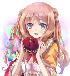 Rule 34 | 1girl, arms up, atelier (series), atelier meruru, blue eyes, blush, breasts, brown hair, cleavage, crown, female focus, flower, half updo, holding, maromi (am97), md5 mismatch, merurulince rede arls, shirt, smile, solo, white corsage, yellow shirt