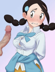 Rule 34 | 1boy, 1girl, arms behind back, black hair, blush, bow, breasts, candice (pokemon), censored, clothes around waist, collared shirt, commentary request, creatures (company), eyelashes, game freak, gradient background, grey eyes, gym leader, hair ornament, hairclip, highres, imminent paizuri, long hair, miraa (chikurin), mosaic censoring, multi-tied hair, nintendo, penis, pokemon, pokemon dppt, shirt, sweatdrop, sweater, sweater around waist, teeth, testicles, twintails