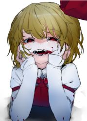 Rule 34 | + +, 1girl, black vest, blood, blood on face, blood on clothes, blush, collared shirt, commentary request, hair ribbon, hands on own face, happy, highres, ikurauni, long sleeves, looking at viewer, open mouth, platinum blonde hair, red eyes, red neckwear, ribbon, rumia, sharp teeth, shirt, short hair, smile, solo, teeth, touhou, vest, white background