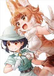 Rule 34 | 2girls, :d, animal ears, belt, black belt, black hair, blouse, blurry, blurry background, bob cut, bolo tie, brown eyes, brown hair, brown legwear, brown skirt, captain (kemono friends), clenched hand, collared shirt, commentary, dhole (kemono friends), dog ears, foreshortening, fur collar, gloves, grey headwear, grey shirt, grey shorts, helmet, highres, kemono friends, kemono friends 3, lain, leaning forward, looking to the side, miniskirt, multiple girls, open mouth, pith helmet, pleated skirt, shirt, short hair, shorts, simple background, skirt, smile, standing, thighhighs, white background, white gloves, white shirt