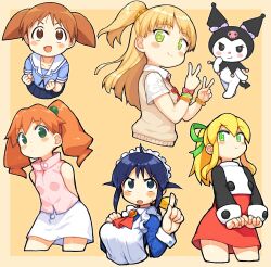 Rule 34 | + +, 6+girls, andou mahoro, apron, azumanga daiou, bachera, blonde hair, blue dress, blue hair, blush stickers, breasts, brown hair, clenched hand, closed mouth, collared shirt, commentary request, cropped torso, double v, dress, fingerprint, frilled apron, frills, green background, green eyes, hair ribbon, hand on own chest, hands up, highres, idolmaster, idolmaster cinderella girls, index finger raised, jougasaki rika, juliet sleeves, junmai karin, kuromi, long hair, long sleeves, looking at viewer, looking to the side, mahoromatic, maid, maid apron, maid headdress, medarot, medium breasts, mihama chiyo, multiple girls, neck ribbon, notice lines, onegai my melody, open mouth, ponytail, puffy sleeves, red ribbon, ribbon, roll (mega man), sailor collar, sanrio, school uniform, shirt, short sleeves, short twintails, simple background, smile, sweat, sweater vest, twintails, two-tone background, upper body, v, v-shaped eyebrows, white apron, white background, white sailor collar, white shirt, yellow background, yellow ribbon
