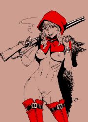 Rule 34 | 1girl, bracelet, breasts, cigar, death, female pubic hair, gun, highres, jewelry, little red riding hood, little red riding hood (grimm), monochrome, mouth hold, navel, nipples, nude, po-ju, pubic hair, red eyes, signature, simple background, smoking, solo, spot color, thighhighs, trigger discipline, weapon, wolf