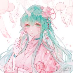 Rule 34 | 1girl, animal ears, artist name, choker, dango, earrings, flower, food, green eyes, green hair, hair flower, hair ornament, highres, holding, holding food, horns, japanese clothes, jewelry, kimono, league of legends, looking at viewer, miso yaki, pink kimono, single horn, solo, soraka (league of legends), upper body, wagashi, watermark, wind chime, wristband