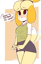 Rule 34 | 1girl, afterimage, animal crossing, animal ears, artist name, black eyes, blonde hair, blue skirt, blush, border, breasts, closed mouth, cowboy shot, dog ears, dog girl, dog tail, english text, female focus, furry, furry female, green vest, hair tie, happy, heart, highres, isabelle (animal crossing), looking up, miniskirt, motion lines, nintendo, nose blush, orange background, outline, pencil skirt, penetration gesture, raydio, shirt, short hair, short sleeves, signature, simple background, skirt, small breasts, smile, solo, speech bubble, standing, tail, tail wagging, talking, text focus, topknot, vest, white border, white outline, white shirt