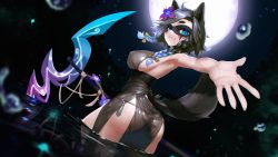 Rule 34 | 1girl, animal ears, armpits, artist request, ass, blue eyes, blue hair, braid, breasts, check artist, commentary request, covered erect nipples, gradient hair, grey hair, highres, hiragana oufu, holding, holding scythe, indie virtual youtuber, large breasts, looking at viewer, moon, multicolored hair, night, outdoors, panties, partially submerged, raccoon ears, raccoon girl, raccoon tail, scythe, second-party source, short hair, sideboob, snuffy (vtuber), solo, tail, twin braids, two-tone hair, underwear, virtual youtuber, water, water drop, wet, wet clothes