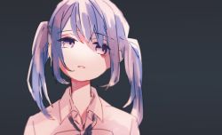 Rule 34 | 1girl, blouse, blue hair, blue necktie, collared shirt, expressionless, grey background, hair over one eye, head tilt, janomiya school uniform, kasane ao, looking away, looking to the side, loose necktie, low twintails, magia record: mahou shoujo madoka magica gaiden, mahou shoujo madoka magica, necktie, no nose, portrait, purple eyes, school uniform, shirt, sidelocks, simple background, solo, swept bangs, twintails, w00p, white shirt