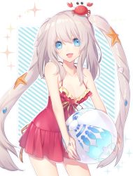 Rule 34 | 1girl, :d, animal, animal on head, ball, bare arms, bare shoulders, beachball, blue eyes, blue outline, bracelet, breasts, brown ribbon, cleavage, collarbone, commentary request, cowboy shot, crab, crab on head, eyes visible through hair, fate/grand order, fate (series), frilled swimsuit, frills, hair between eyes, highres, holding, jewelry, long hair, looking at viewer, marie antoinette (fate), marie antoinette (fate/grand order), marie antoinette (swimsuit caster) (fate), marie antoinette (swimsuit caster) (first ascension) (fate), medium breasts, natsutora, on head, one-piece swimsuit, open mouth, outline, pebble, red one-piece swimsuit, ribbon, shell hair ornament, shiny skin, sidelocks, silver hair, smile, solo, sparkle, sparkle background, standing, starfish hair ornament, striped, striped background, swimsuit, swimsuit skirt, twintails, very long hair