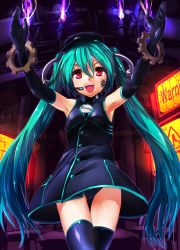 Rule 34 | 1girl, armpits, arms up, dress, elbow gloves, gears, gloves, green hair, hat, hatsune miku, headset, highres, long hair, magu (mugsfc), md5 mismatch, open mouth, panties, pantyshot, project diva (series), project diva f, red eyes, sadistic music factory (vocaloid), solo, standing, thigh gap, thighhighs, twintails, underwear, very long hair, vocaloid