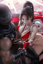Rule 34 | 1boy, 1girl, artist name, black gloves, breasts, brown eyes, brown hair, cleavage, crossover, curvy, fatal fury, fingerless gloves, folding fan, gloves, hand fan, large breasts, long hair, mask, matching hair/eyes, ninja, ninja gaiden, patreon username, ponytail, revealing clothes, ryu hayabusa, sakimichan, sexually suggestive, shiranui mai, signature, thick thighs, thighs, tongue, tongue out, watermark, web address, wide hips