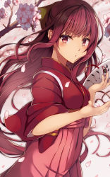 Rule 34 | 1girl, :o, blurry, blush, breasts, cherry blossoms, commentary request, cowboy shot, depth of field, from side, hakama, hakama skirt, highres, hip vent, holding, holding mask, japanese clothes, kamikaze (kancolle), kantai collection, kimono, long hair, looking at viewer, looking to the side, mask, unworn mask, medium breasts, natsu narumi, parted lips, petals, pink hakama, purple hair, purple kimono, sidelocks, skirt, solo