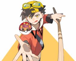 Rule 34 | 1boy, :q, aipom, backwards hat, baseball cap, brown hair, buckle, commentary request, creatures (company), ethan (pokemon), game freak, gen 2 pokemon, goggles, goggles on headwear, hat, holding, in ball, jacket, long sleeves, male focus, momotose (hzuu xh4), nintendo, poke ball, poke ball (basic), pokemon, pokemon adventures, red jacket, short hair, strap, tongue, tongue out, yellow eyes