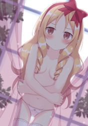 Rule 34 | 10s, 1girl, bent over, blonde hair, blush, bow, breasts, brown eyes, drill hair, eromanga sensei, hair bow, hair censor, hair ornament, hair ribbon, hairband, hand on own hip, heart, long hair, looking at viewer, meiji (meizi493), panties, red bow, red hairband, ribbon, shiny skin, small breasts, smile, twin drills, underwear, yamada elf