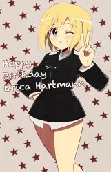 Rule 34 | 1girl, blonde hair, blue eyes, character name, erica hartmann, glastonbury1966, grin, hand on own hip, happy birthday, highres, long sleeves, military, military uniform, one eye closed, short hair, smile, solo, star (symbol), strike witches, uniform, v, wink, world witches series