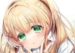 Rule 34 | 1girl, blonde hair, blush, chi no, close-up, commentary, double v, eyelashes, eyes visible through hair, green eyes, hair between eyes, hair intakes, hair ornament, hair over shoulder, highres, long hair, looking at viewer, parted lips, shirt, simple background, solo, summer pockets, tsumugi wenders, twintails, v, white background, white shirt, x hair ornament