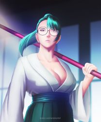 Rule 34 | breasts, cleavage, cleavage cutout, clothing cutout, glasses, green hair, highres, jujutsu kaisen, over shoulder, ponytail, weapon, weapon over shoulder, zen&#039;in maki, zenin maki